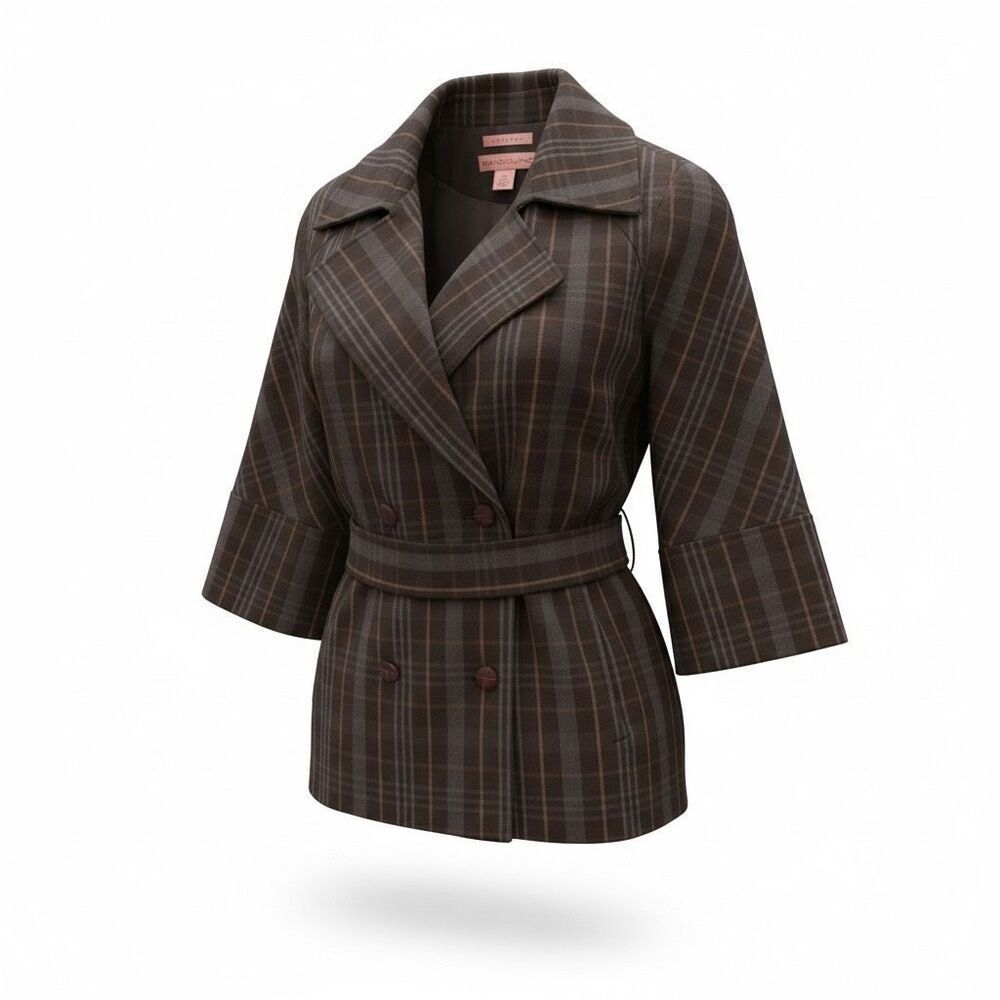 Bandolino Stretch Plaid Double Breasted Belted Blazer Jacket Brown Size 12